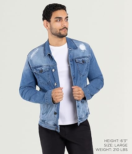 X RAY Men's Denim Jacket, Washed Ripped Distressed Flex Stretch Casual Trucker Biker Jeans Jacket for Men- Medium Blue - Ripped