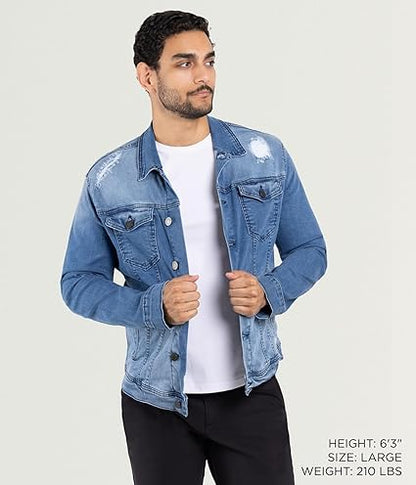 X RAY Men's Denim Jacket, Washed Ripped Distressed Flex Stretch Casual Trucker Biker Jeans Jacket for Men- Medium Blue - Ripped