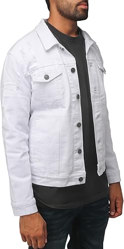 X RAY Men's Denim Jacket, Washed Ripped Distressed Flex Stretch Casual Trucker Biker Jeans Jacket for Men- White - Ripped