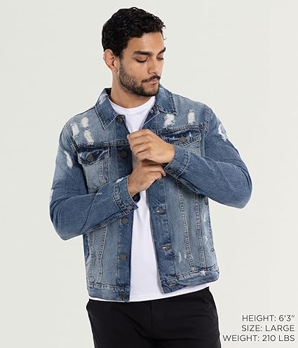 X RAY Men's Denim Jacket, Washed Ripped Distressed Flex Stretch Casual Trucker Biker Jeans Jacket for Men- Blue Ripped