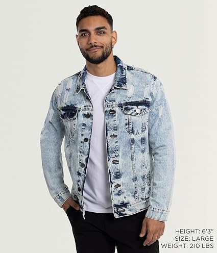 X RAY Men's Denim Jacket, Washed Ripped Distressed Flex Stretch Casual Trucker Biker Jeans Jacket for Men- Acid Stone