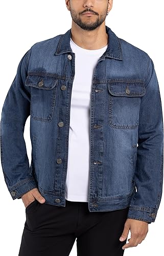 X RAY Men's Denim Jacket, Washed Ripped Distressed Flex Stretch Casual Trucker Biker Jeans Jacket for Men- Dark Wash