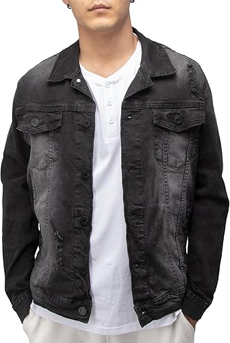 X RAY Men's Denim Jacket, Washed Ripped Distressed Flex Stretch Casual Trucker Biker Jeans Jacket for Men- Black Denim