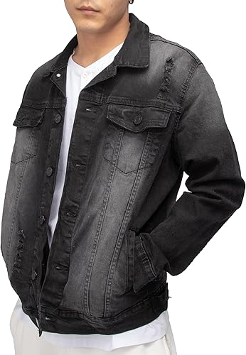 X RAY Men's Denim Jacket, Washed Ripped Distressed Flex Stretch Casual Trucker Biker Jeans Jacket for Men- Black Denim