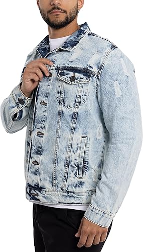 X RAY Men's Denim Jacket, Washed Ripped Distressed Flex Stretch Casual Trucker Biker Jeans Jacket for Men- Acid Stone