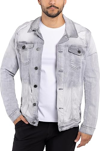 X RAY Men's Denim Jacket, Washed Ripped Distressed Flex Stretch Casual Trucker Biker Jeans Jacket for Men- Grey - Ripped