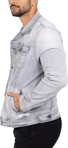 X RAY Men's Denim Jacket, Washed Ripped Distressed Flex Stretch Casual Trucker Biker Jeans Jacket for Men- Grey - Ripped