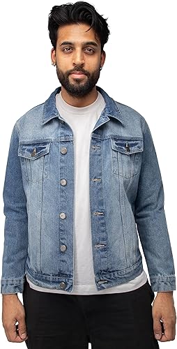 X RAY Men's Denim Jacket, Washed Ripped Distressed Flex Stretch Casual Trucker Biker Jeans Jacket for Men- Light Blue