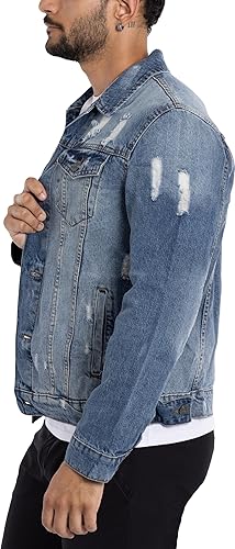 X RAY Men's Denim Jacket, Washed Ripped Distressed Flex Stretch Casual Trucker Biker Jeans Jacket for Men- Blue Ripped