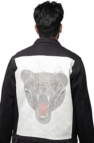 X RAY Men's Denim Jacket, Washed Ripped Distressed Flex Stretch Casual Trucker Biker Jeans Jacket for Men- Angry Bear- Jet Black