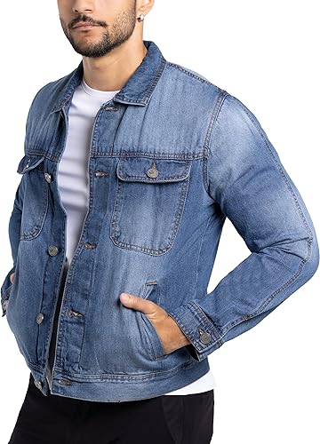 X RAY Men's Denim Jacket, Washed Ripped Distressed Flex Stretch Casual Trucker Biker Jeans Jacket for Men- Med Wash