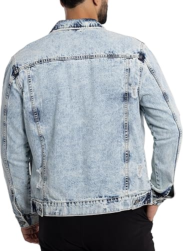 X RAY Men's Denim Jacket, Washed Ripped Distressed Flex Stretch Casual Trucker Biker Jeans Jacket for Men- Acid Stone