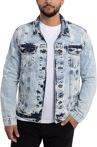 X RAY Men's Denim Jacket, Washed Ripped Distressed Flex Stretch Casual Trucker Biker Jeans Jacket for Men- Acid Stone