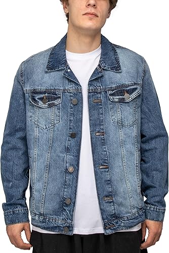 X RAY Men's Denim Jacket, Washed Ripped Distressed Flex Stretch Casual Trucker Biker Jeans Jacket for Men- Medium Blue