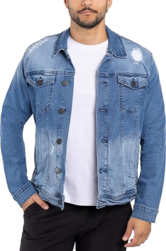 X RAY Men's Denim Jacket, Washed Ripped Distressed Flex Stretch Casual Trucker Biker Jeans Jacket for Men- Medium Blue - Ripped