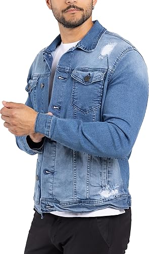 X RAY Men's Denim Jacket, Washed Ripped Distressed Flex Stretch Casual Trucker Biker Jeans Jacket for Men- Medium Blue - Ripped