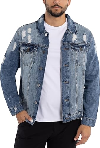 X RAY Men's Denim Jacket, Washed Ripped Distressed Flex Stretch Casual Trucker Biker Jeans Jacket for Men- Blue Ripped