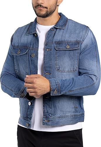 X RAY Men's Denim Jacket, Washed Ripped Distressed Flex Stretch Casual Trucker Biker Jeans Jacket for Men- Med Wash